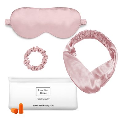 Набір: маска + пов'язка для волосся + гумка + чех + беруші Love You Рожевий 100% шовк 463 фото