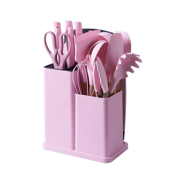Набір кухонного приладдя на підставці 19 штук кухонні аксесуари з силікону з бамбуковою ручкою Рожевий 1882331355 фото