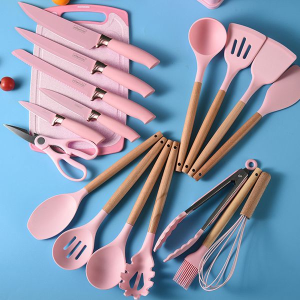 Набір кухонного приладдя на підставці 19 штук кухонні аксесуари з силікону з бамбуковою ручкою Рожевий 1882331355 фото