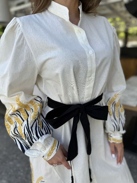 Плаття вишиванка с вышитыми черніми и желтыми колосьями Белая S A-006005 фото