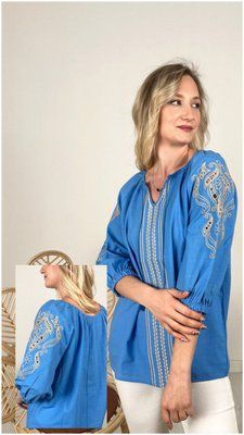 Синя сучасна вишиванка на зав'язках з коротким рукавом S A-005999 фото