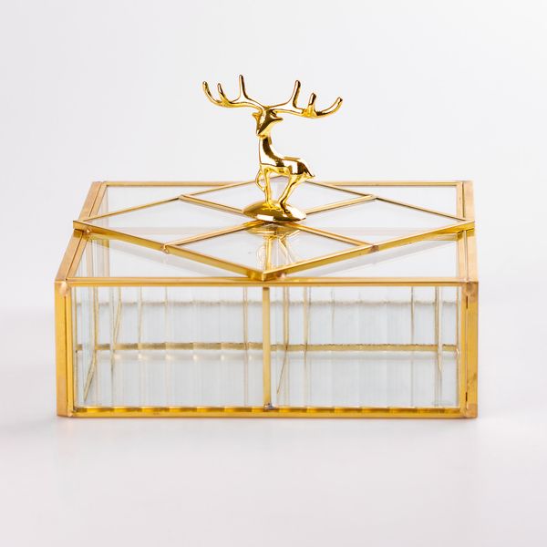 Шкатулка для украшений Золотой олень прямоугольная стекло с металлическим каркасом 18х18,5 см 2042721435 фото