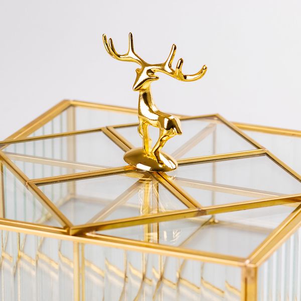 Шкатулка для украшений Золотой олень прямоугольная стекло с металлическим каркасом 18х18,5 см 2042721435 фото