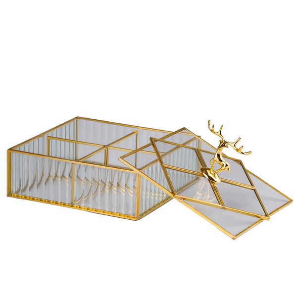 Шкатулка для украшений Золотой олень квадратная стекло с металлическим каркасом 22х22 см 2042721982 фото