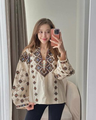 Женская вышиванка блуза с яркой вышивкой на завязках с длинным рукавом. Размер S. A-005000 фото