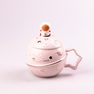 Чашка керамічна 400 мл Астронавт з кришкою та ложкою Рожевий 2027667670 фото