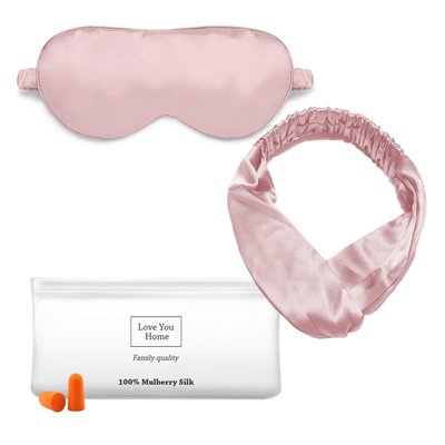 Набор:маска+повязка для волос +чех+беруши Love You Розовый 100% шёлк 460 фото