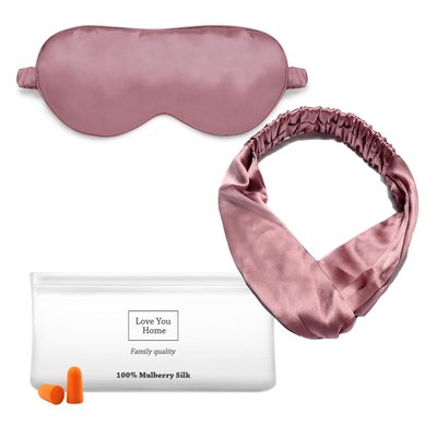 Набір:маска пов'язка для волосся чех беруші Love You Темно-рожевий 100% шовк 461 фото
