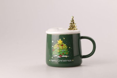 Керамічна чашка 400 мл Merry Christmas з кришкою і ложкою Зелений 2027718733 фото