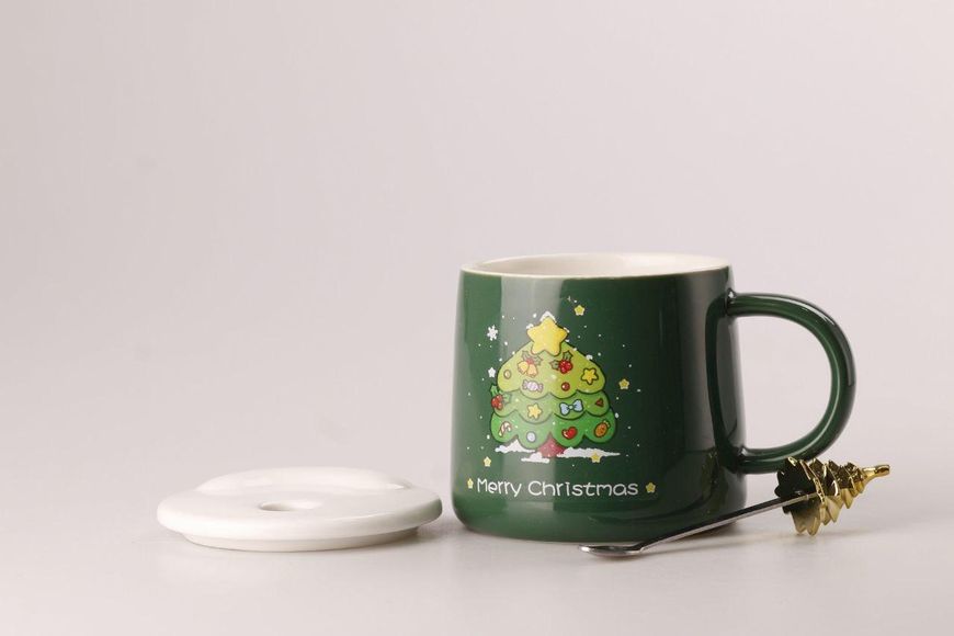 Чашка керамическая 400 мл Merry Christmas с крышкой и ложкой Зеленый 2027718733 фото