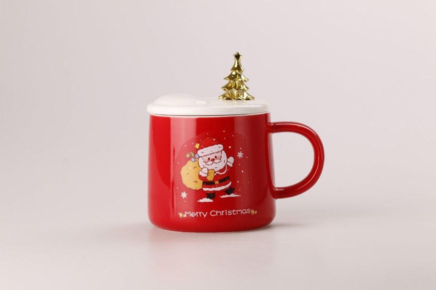 Керамічна чашка 400 мл Merry Christmas з кришкою і ложкою Червоний 2027718734 фото