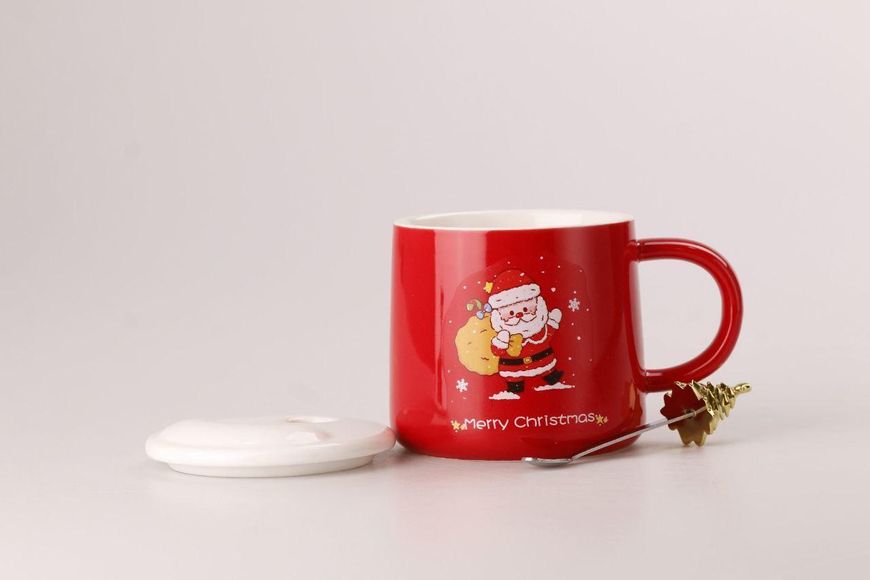 Керамічна чашка 400 мл Merry Christmas з кришкою і ложкою Червоний 2027718734 фото