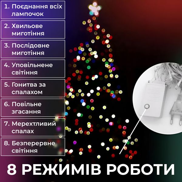 Гірлянда нитка 10м на 200 LED лампочок світлодіодна прозорий провід 8 режимів 1958531239 фото